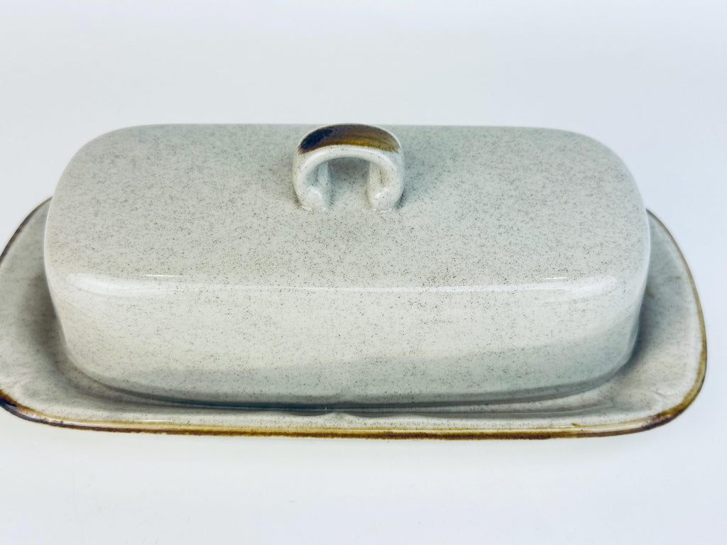 Vintage Mid-Century Speckled Grey Stoneware Covered Butter Dish Japan - 1960s/70s Two-Piece Tableware Tray & Lid