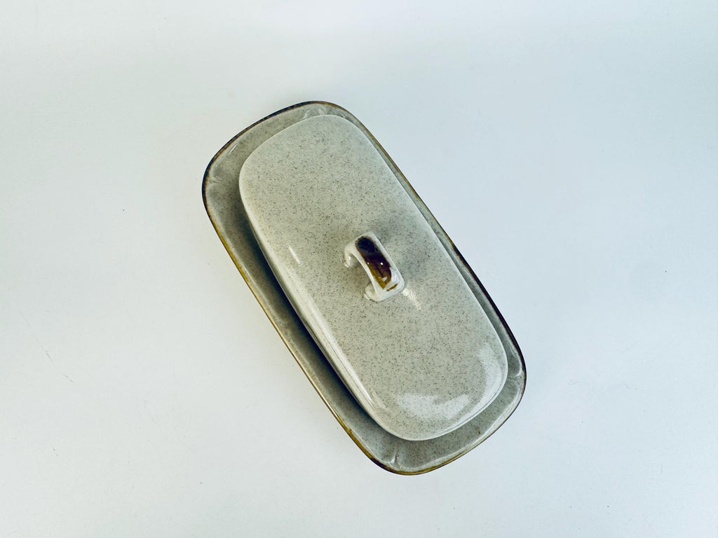 Vintage Mid-Century Speckled Grey Stoneware Covered Butter Dish Japan - 1960s/70s Two-Piece Tableware Tray & Lid