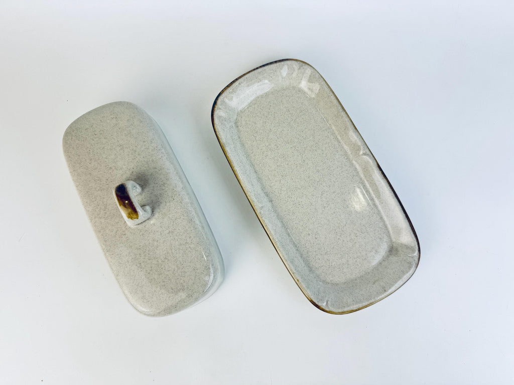 Vintage Mid-Century Speckled Grey Stoneware Covered Butter Dish Japan - 1960s/70s Two-Piece Tableware Tray & Lid