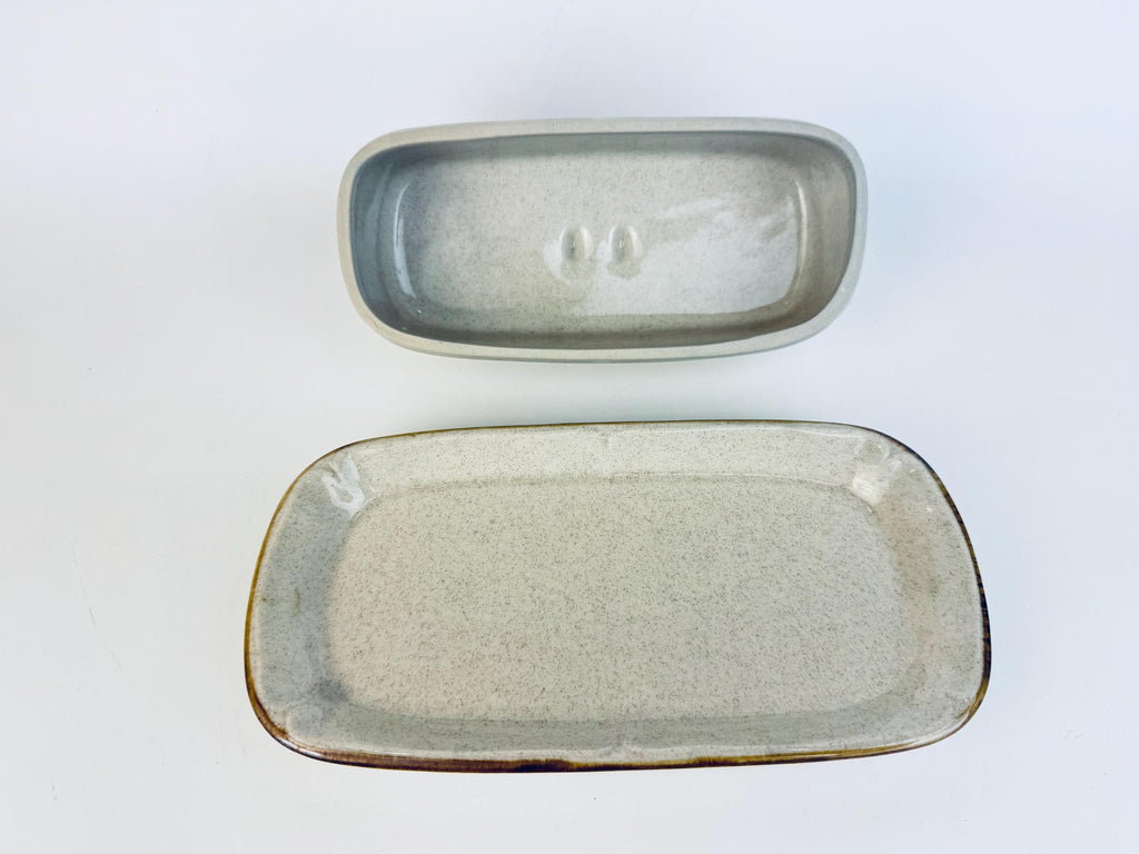 Vintage Mid-Century Speckled Grey Stoneware Covered Butter Dish Japan - 1960s/70s Two-Piece Tableware Tray & Lid