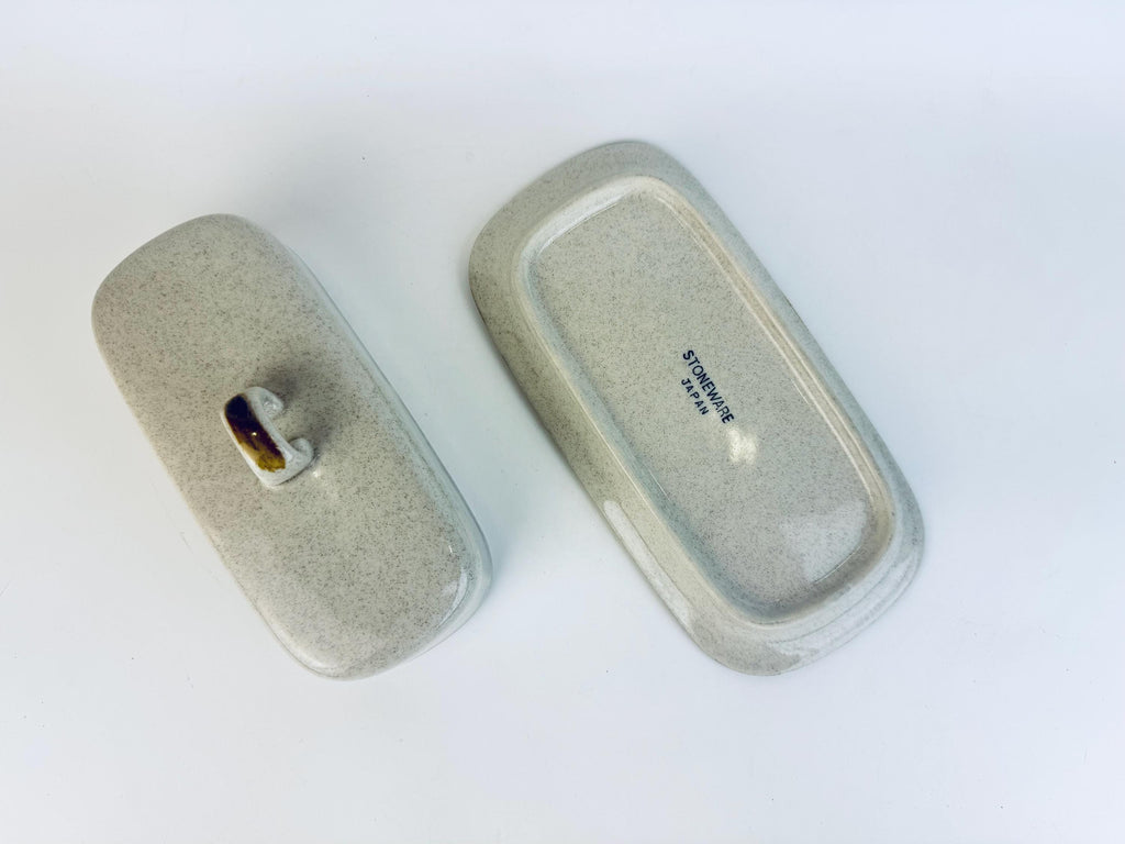 Vintage Mid-Century Speckled Grey Stoneware Covered Butter Dish Japan - 1960s/70s Two-Piece Tableware Tray & Lid