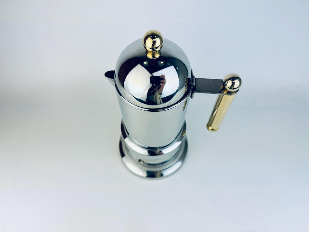 Vintage Vev Viganò Kontessa 'INOX' Italian 18/10 Silver Stainless Steel & Gold Italian Stovetop Espresso Maker - Made In Italy