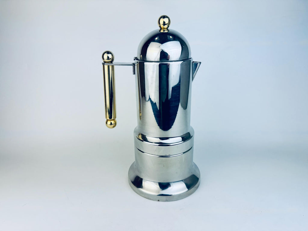 Vintage Vev Viganò Kontessa 'INOX' Italian 18/10 Silver Stainless Steel & Gold Italian Stovetop Espresso Maker - Made In Italy