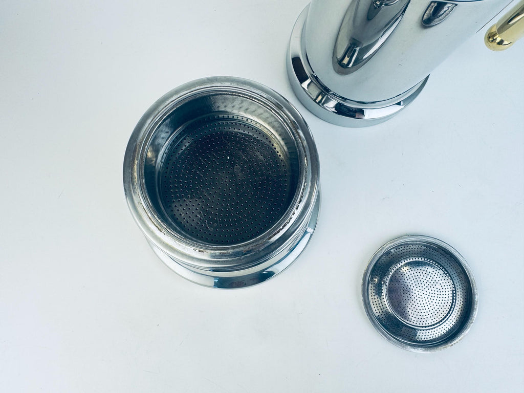 Vintage Vev Viganò Kontessa 'INOX' Italian 18/10 Silver Stainless Steel & Gold Italian Stovetop Espresso Maker - Made In Italy