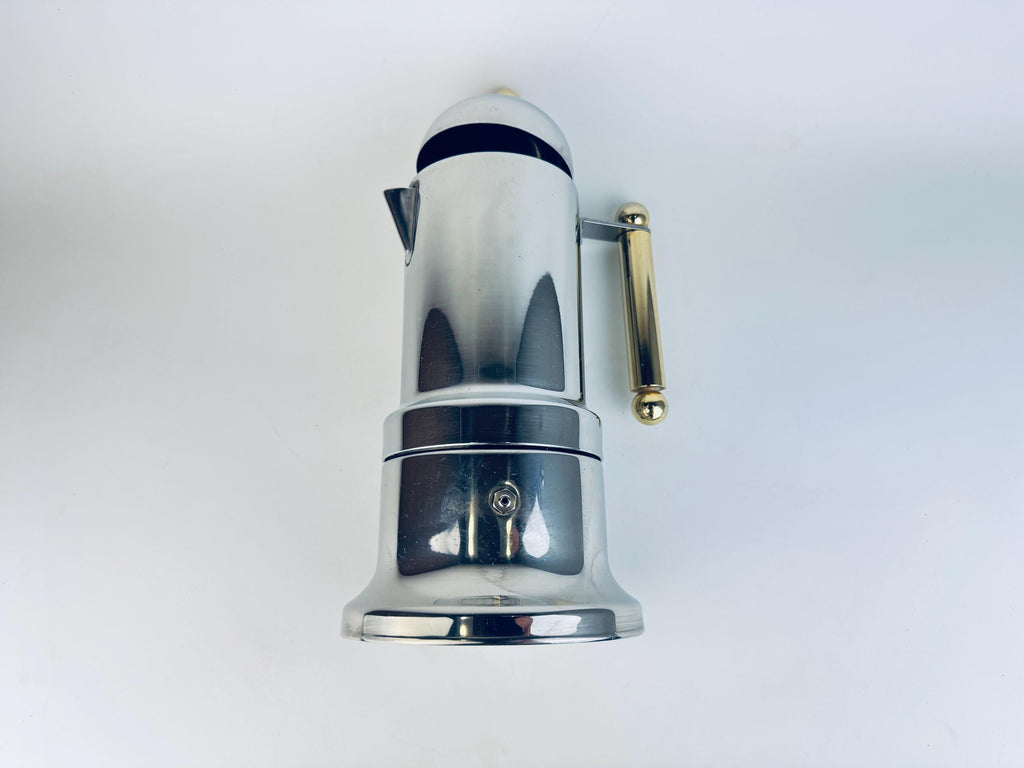 Vintage Vev Viganò Kontessa 'INOX' Italian 18/10 Silver Stainless Steel & Gold Italian Stovetop Espresso Maker - Made In Italy