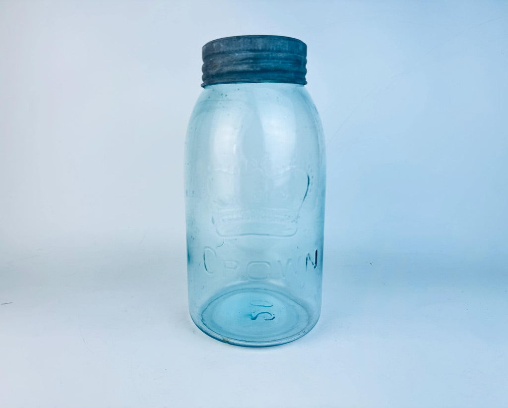 Antique Aqua CROWN Mason Jar  1920s Canadian Dominion Glass  Zinc Lid & Glass Insert  Embossed Canning Storage Jar