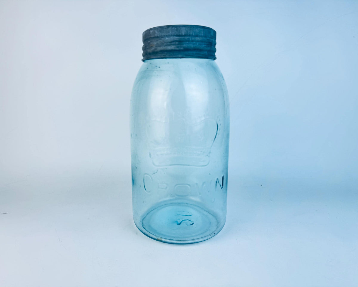 Antique Aqua CROWN Mason Jar  1920s Canadian Dominion Glass  Zinc Lid & Glass Insert  Embossed Canning Storage Jar