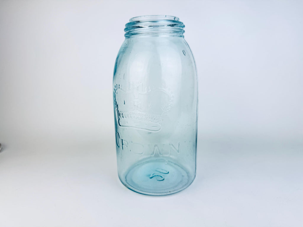 Antique Aqua CROWN Mason Jar  1920s Canadian Dominion Glass  Zinc Lid & Glass Insert  Embossed Canning Storage Jar