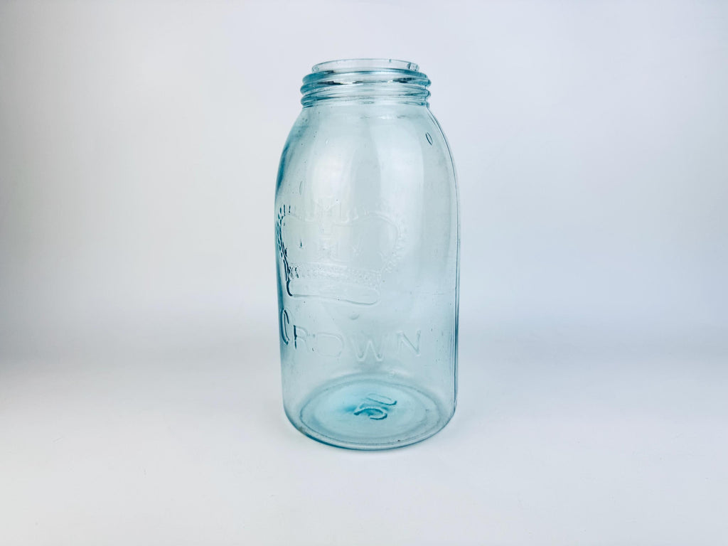 Antique Aqua CROWN Mason Jar  1920s Canadian Dominion Glass  Zinc Lid & Glass Insert  Embossed Canning Storage Jar