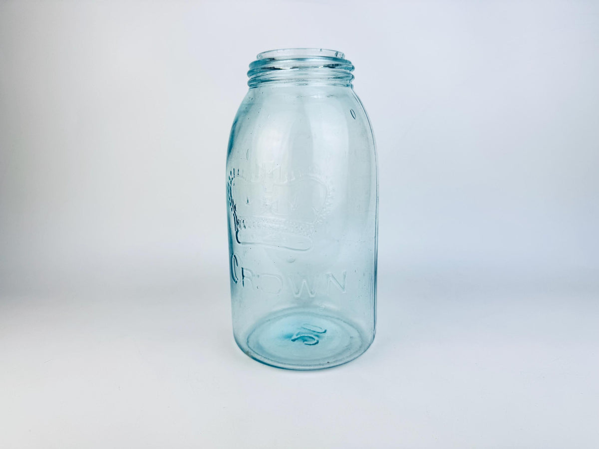 Antique Aqua CROWN Mason Jar  1920s Canadian Dominion Glass  Zinc Lid & Glass Insert  Embossed Canning Storage Jar