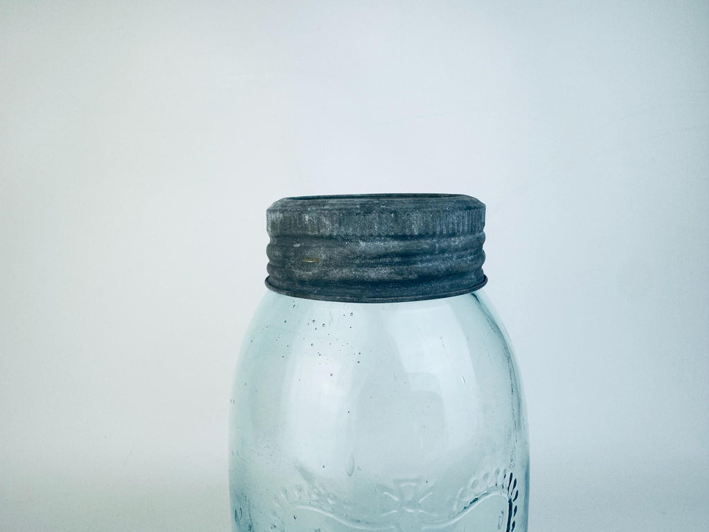 Antique Aqua CROWN Mason Jar  1920s Canadian Dominion Glass  Zinc Lid & Glass Insert  Embossed Canning Storage Jar