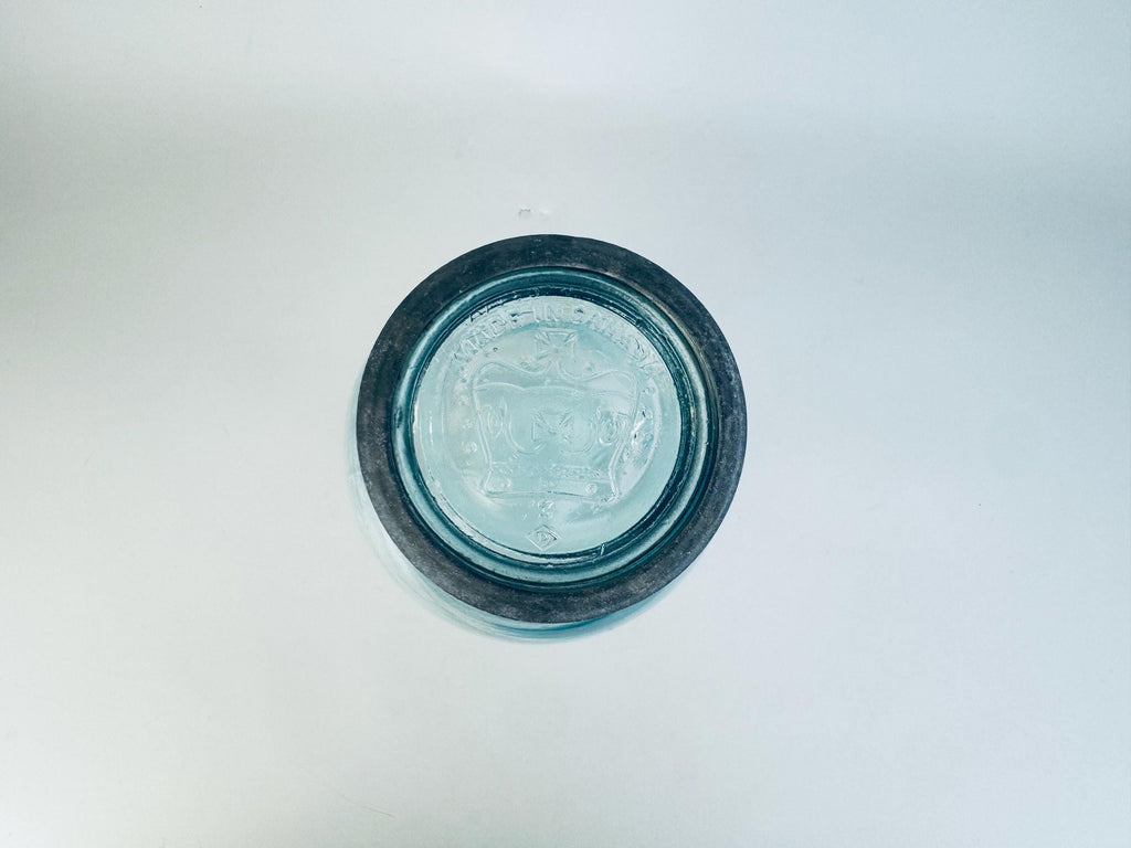Antique Aqua CROWN Mason Jar  1920s Canadian Dominion Glass  Zinc Lid & Glass Insert  Embossed Canning Storage Jar