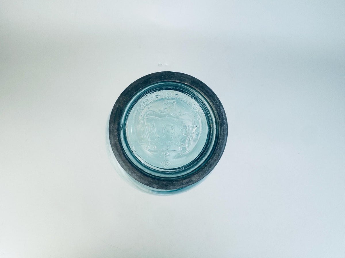 Antique Aqua CROWN Mason Jar  1920s Canadian Dominion Glass  Zinc Lid & Glass Insert  Embossed Canning Storage Jar