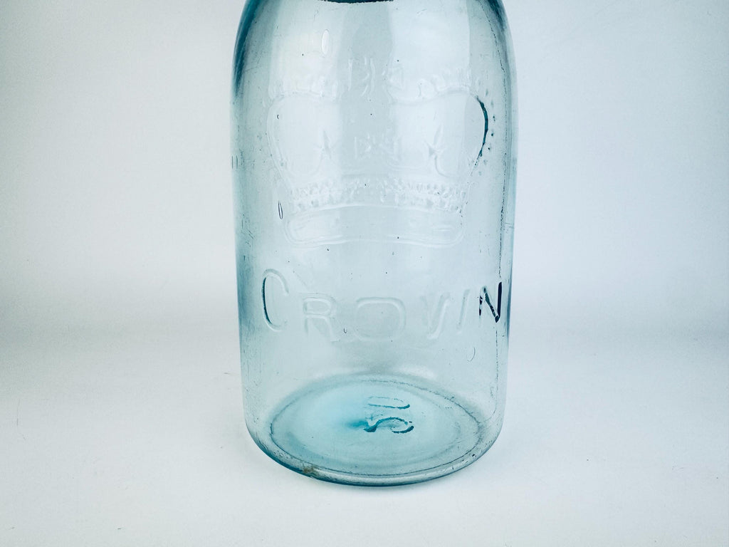 Antique Aqua CROWN Mason Jar  1920s Canadian Dominion Glass  Zinc Lid & Glass Insert  Embossed Canning Storage Jar