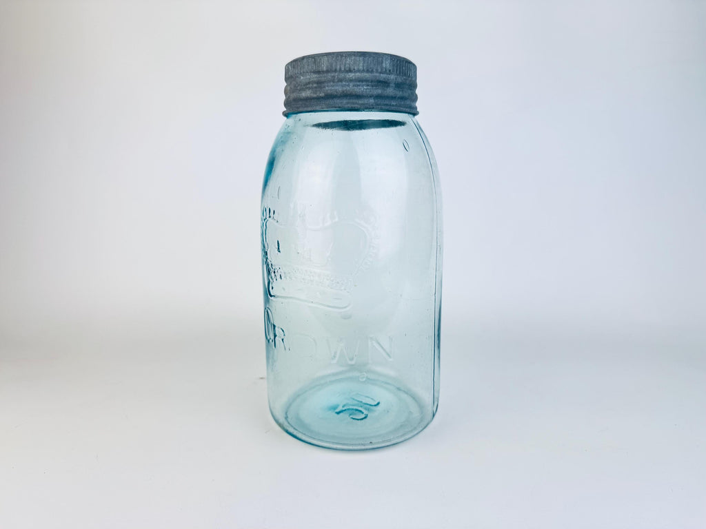 Antique Aqua CROWN Mason Jar  1920s Canadian Dominion Glass  Zinc Lid & Glass Insert  Embossed Canning Storage Jar