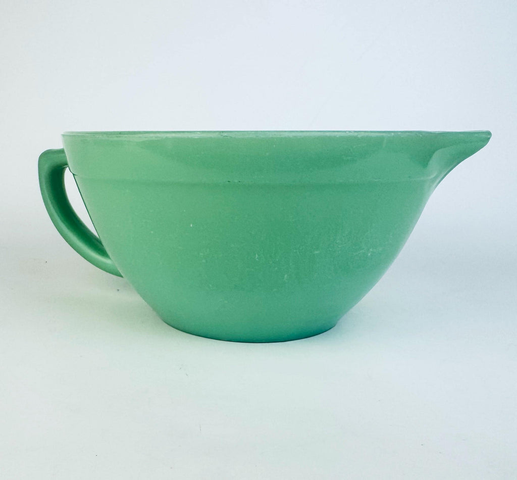 Vintage 1950s Jadeite Fire-King Batter Bowl with Spout & Handle  Mid-Century Green Glass Mixing Kitchenware