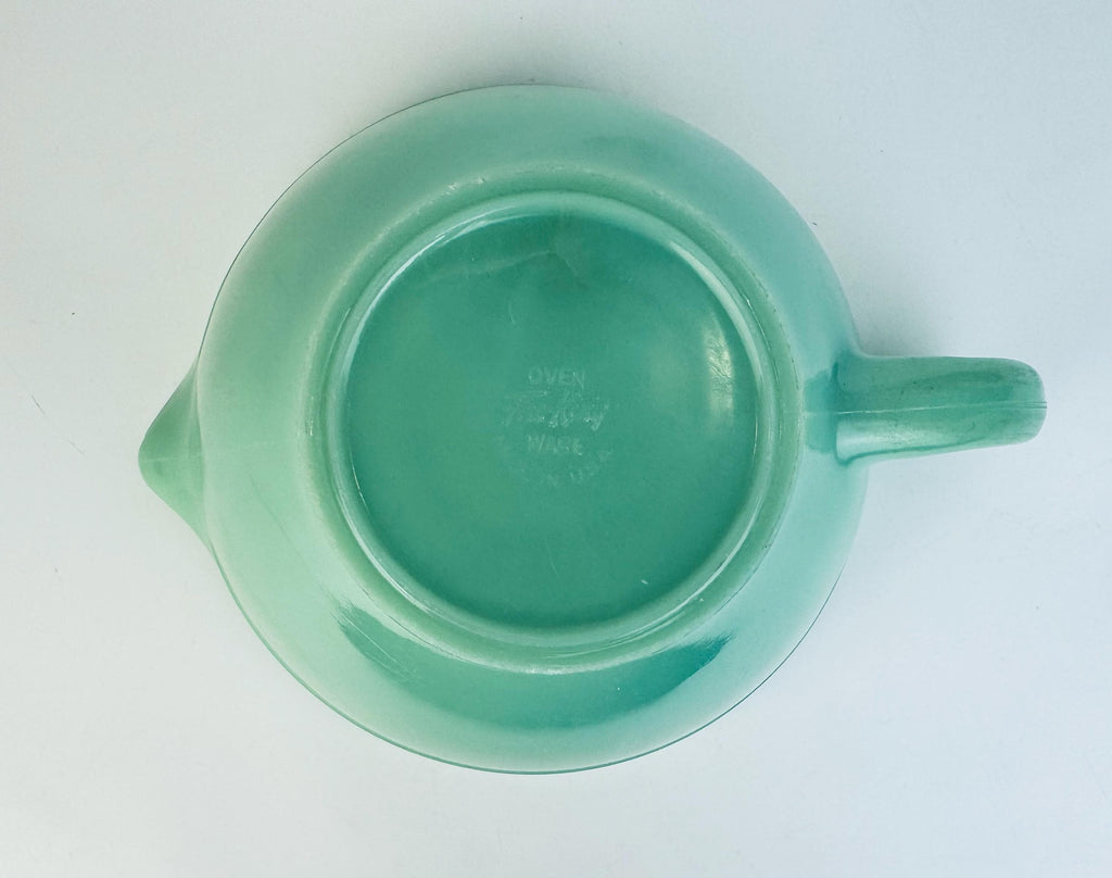 Vintage 1950s Jadeite Fire-King Batter Bowl with Spout & Handle  Mid-Century Green Glass Mixing Kitchenware