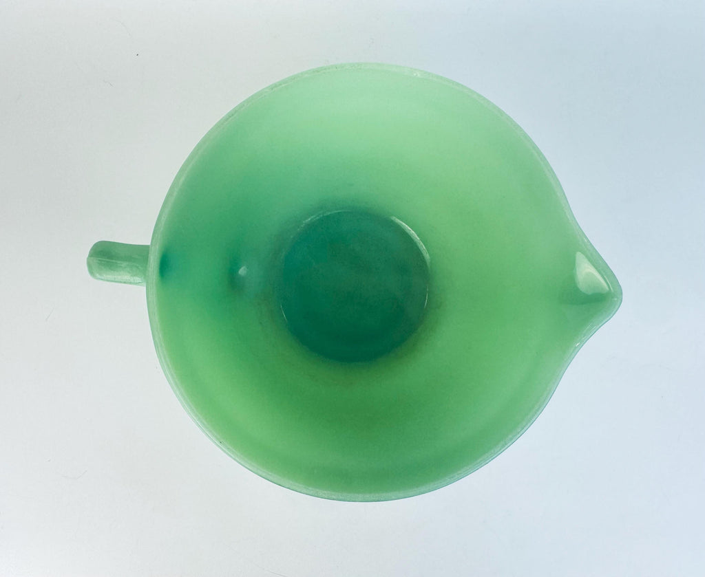 Vintage 1950s Jadeite Fire-King Batter Bowl with Spout & Handle  Mid-Century Green Glass Mixing Kitchenware