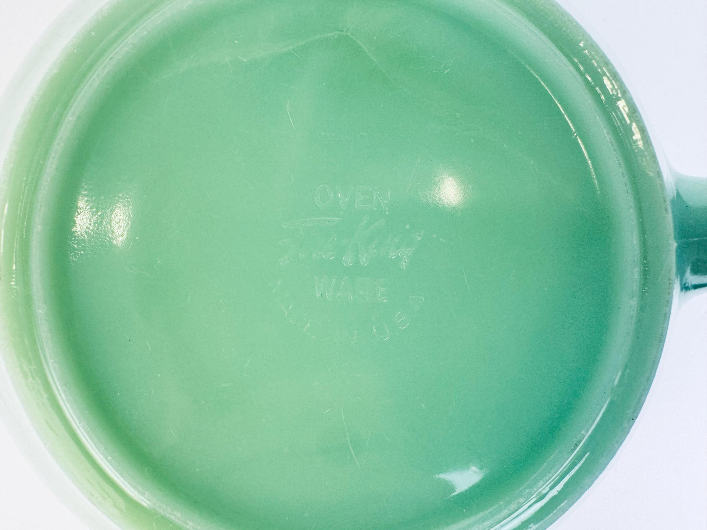 Vintage 1950s Jadeite Fire-King Batter Bowl with Spout & Handle  Mid-Century Green Glass Mixing Kitchenware