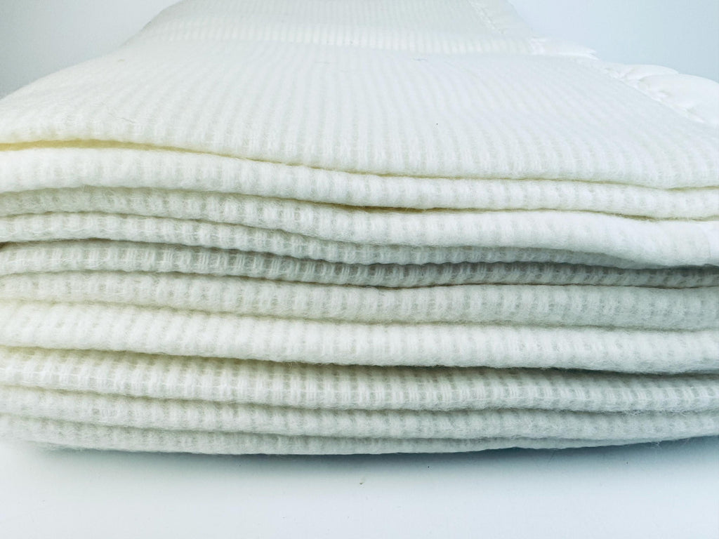 Vintage 'ESMOND' White Acrylic Twin/Double Blanket - Satin Ribbon Trim - New Old Stock (NOS) - Made In USA