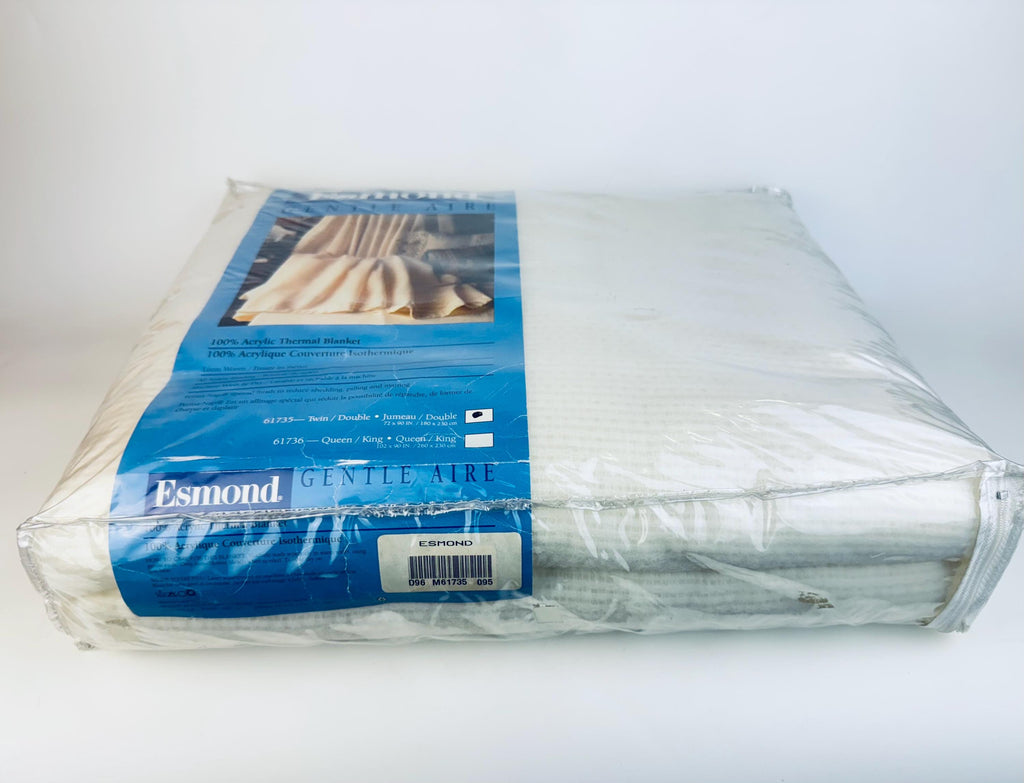 Vintage 'ESMOND' White Acrylic Twin/Double Blanket - Satin Ribbon Trim - New Old Stock (NOS) - Made In USA