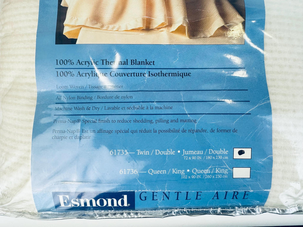 Vintage 'ESMOND' White Acrylic Twin/Double Blanket - Satin Ribbon Trim - New Old Stock (NOS) - Made In USA