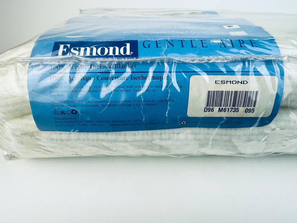 Vintage 'ESMOND' White Acrylic Twin/Double Blanket - Satin Ribbon Trim - New Old Stock (NOS) - Made In USA