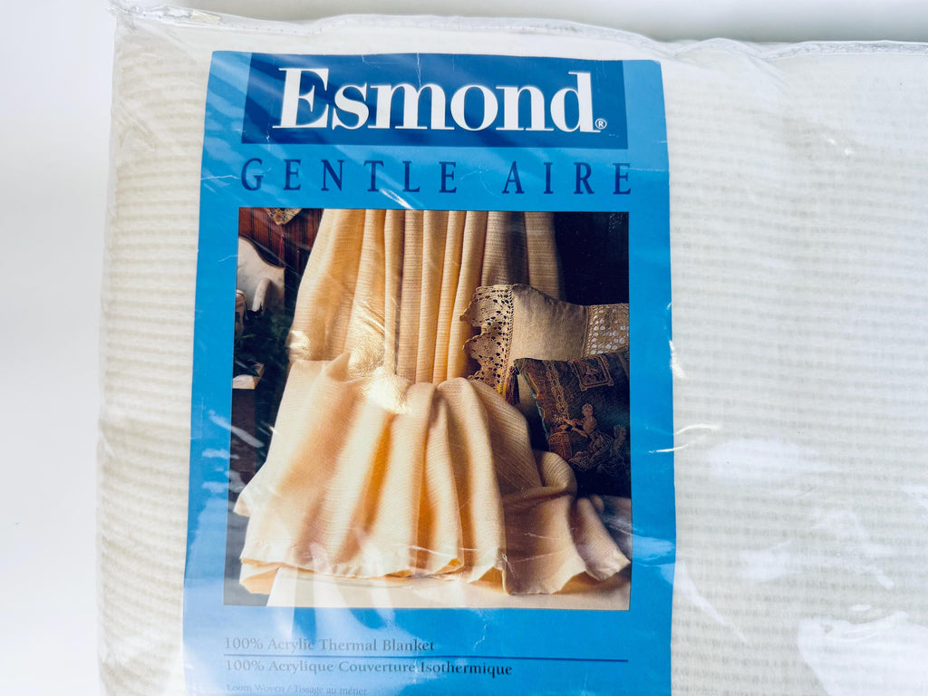Vintage 'ESMOND' White Acrylic Twin/Double Blanket - Satin Ribbon Trim - New Old Stock (NOS) - Made In USA