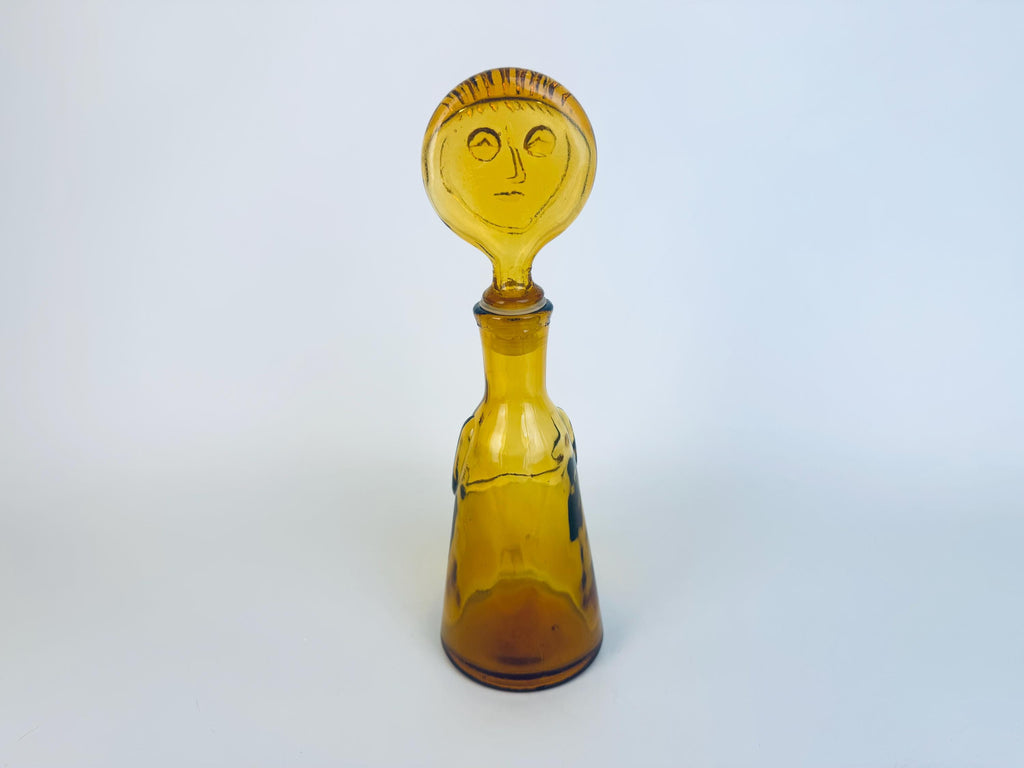 Vintage Amber Glass Face Decanter - 1960s Kosta Boda Höglund Style Art Glass