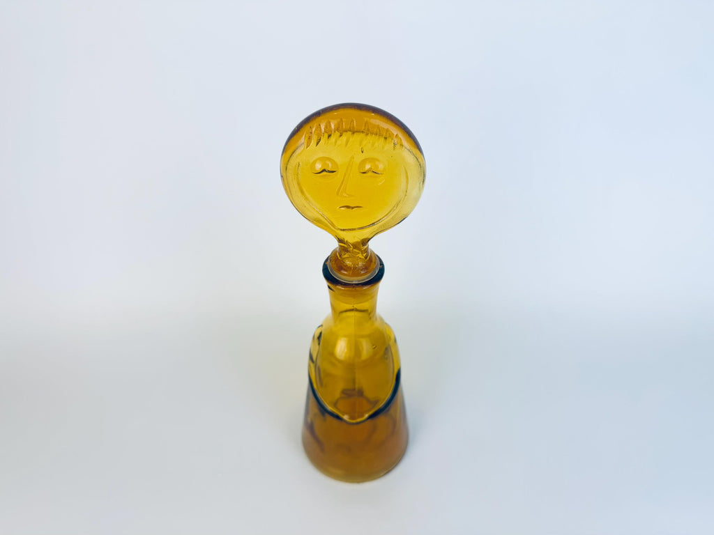Vintage Amber Glass Face Decanter - 1960s Kosta Boda Höglund Style Art Glass