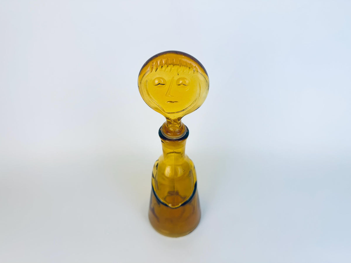 Vintage Amber Glass Face Decanter - 1960s Kosta Boda Höglund Style Art Glass