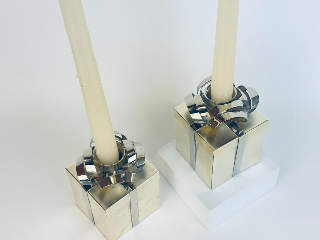 Vintage Godinger “Silver Treasures Gift-Box Bow Candleholder Set  1980s Silver-Tone Metal Accent for Tabletop & Gifting