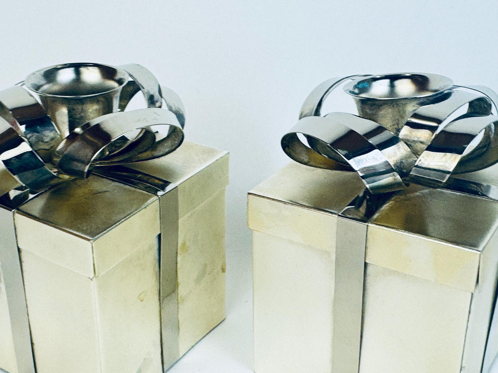 Vintage Godinger “Silver Treasures Gift-Box Bow Candleholder Set  1980s Silver-Tone Metal Accent for Tabletop & Gifting