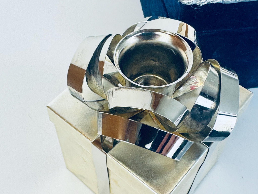 Vintage Godinger “Silver Treasures Gift-Box Bow Candleholder Set  1980s Silver-Tone Metal Accent for Tabletop & Gifting