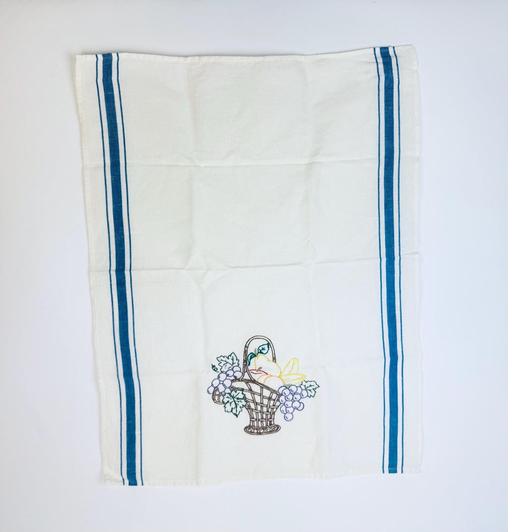 Vintage White & Blue Striped Linen Tea Towel - Embroidered Fruit + Basket - Sold Separately