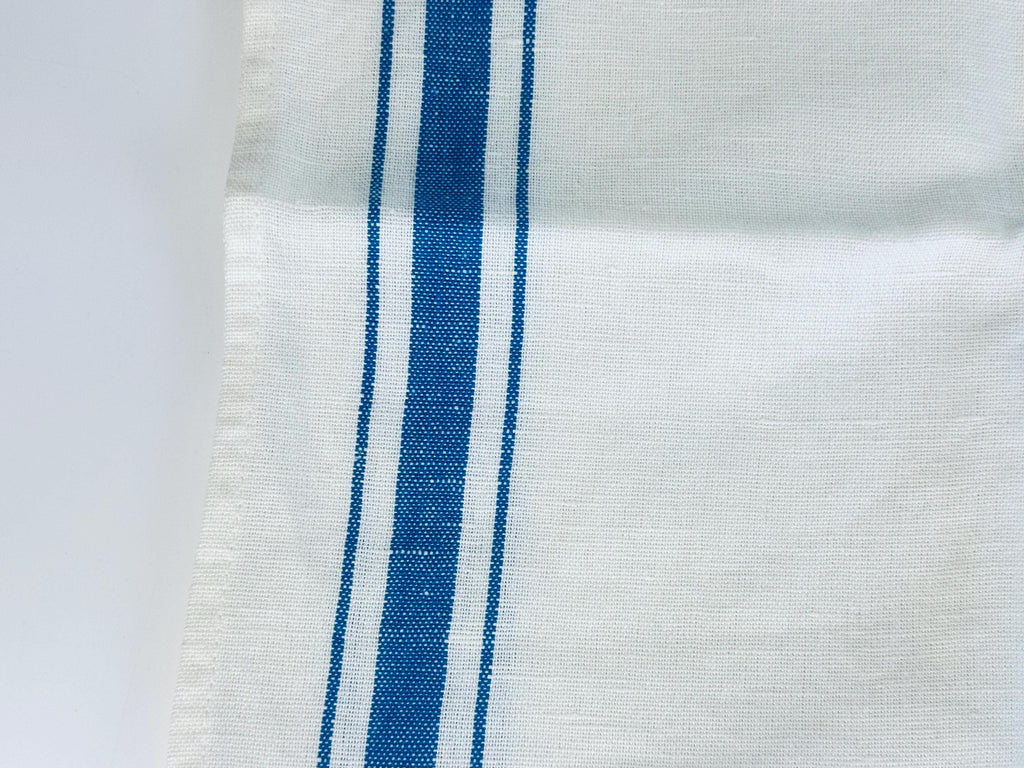Vintage White & Blue Striped Linen Tea Towel - Embroidered Fruit + Basket - Sold Separately