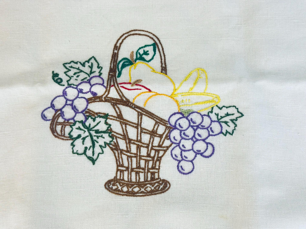 Vintage White & Blue Striped Linen Tea Towel - Embroidered Fruit + Basket - Sold Separately