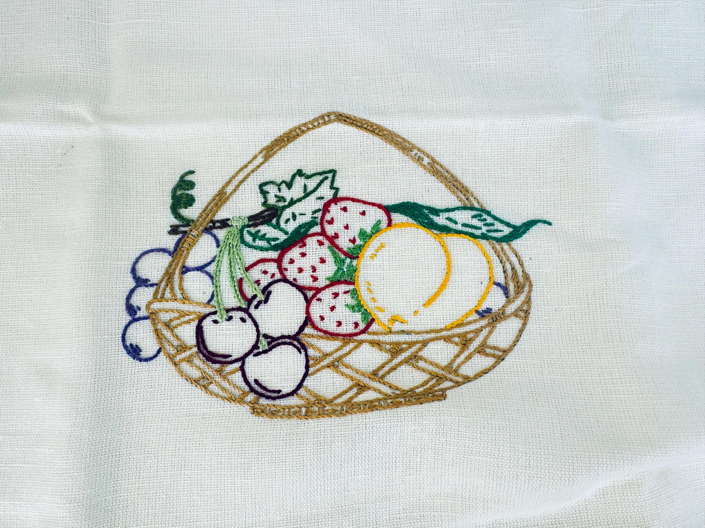 Vintage White & Blue Striped Linen Tea Towel - Embroidered Fruit + Basket - Sold Separately