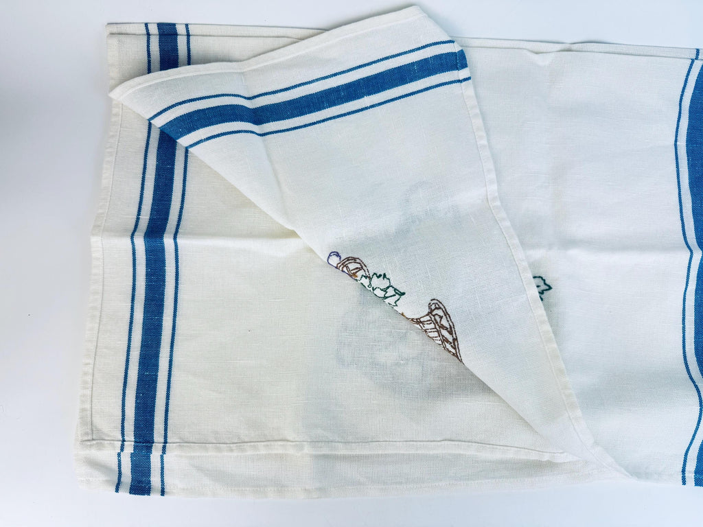 Vintage White & Blue Striped Linen Tea Towel - Embroidered Fruit + Basket - Sold Separately