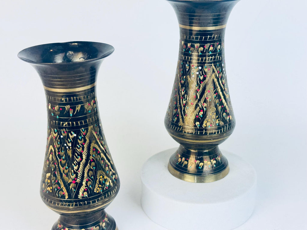 Vintage Black & Gold Brass Hand-Engraved Inlaid Vases - Set Of Two (2)