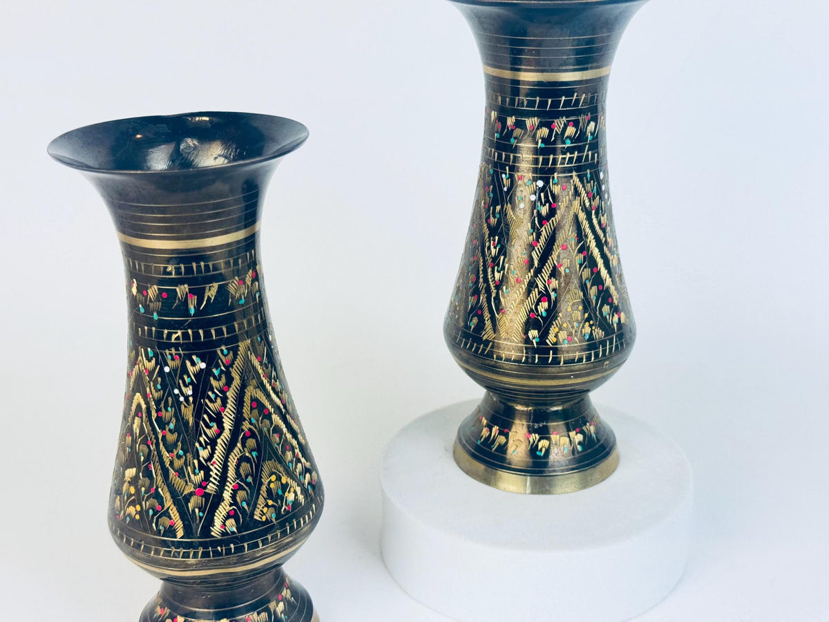 Vintage Black & Gold Brass Hand-Engraved Inlaid Vases - Set Of Two (2)