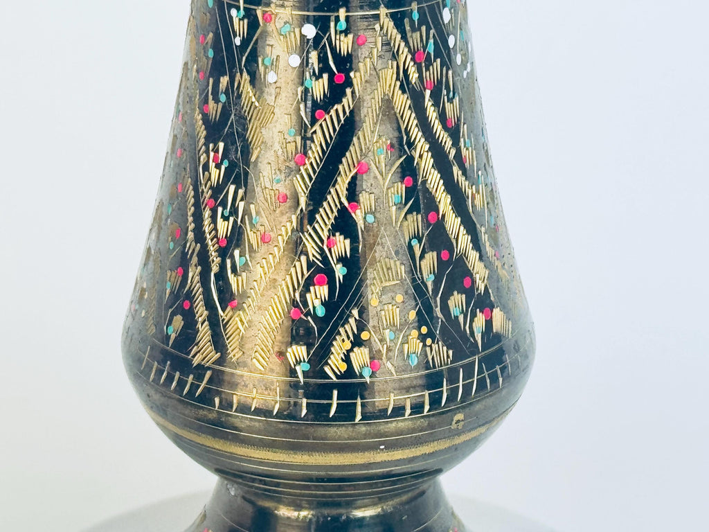 Vintage Black & Gold Brass Hand-Engraved Inlaid Vases - Set Of Two (2)