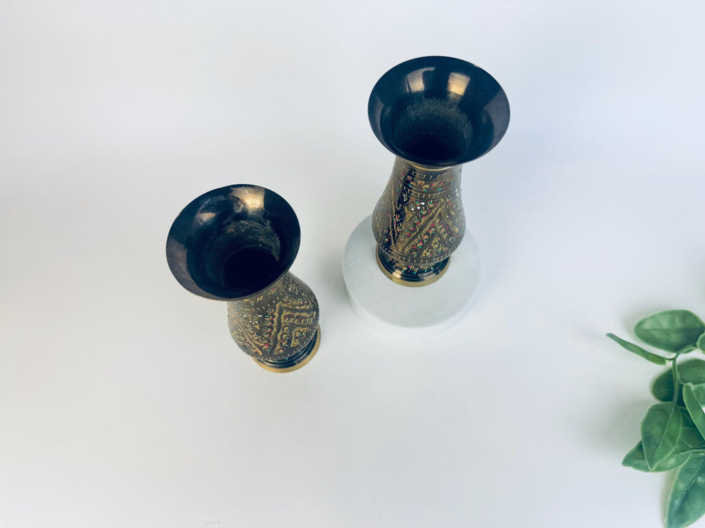 Vintage Black & Gold Brass Hand-Engraved Inlaid Vases - Set Of Two (2)