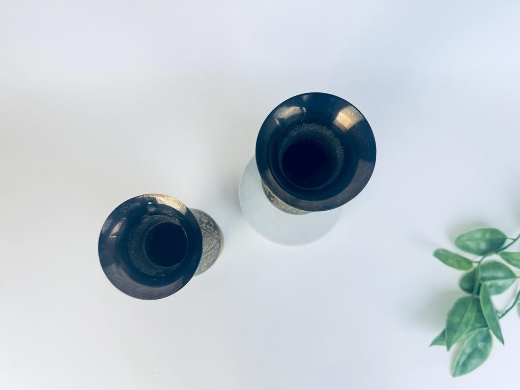 Vintage Black & Gold Brass Hand-Engraved Inlaid Vases - Set Of Two (2)