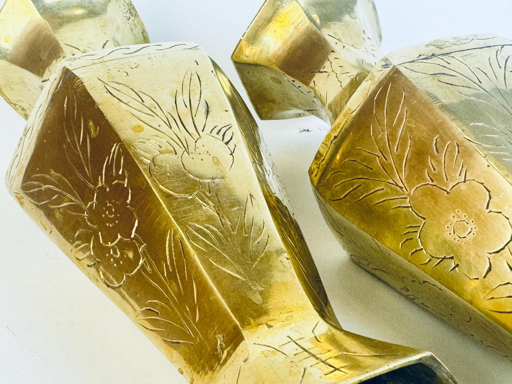 Vintage Tall Etched Brass Vases - Set Of Two (2) - Made In China