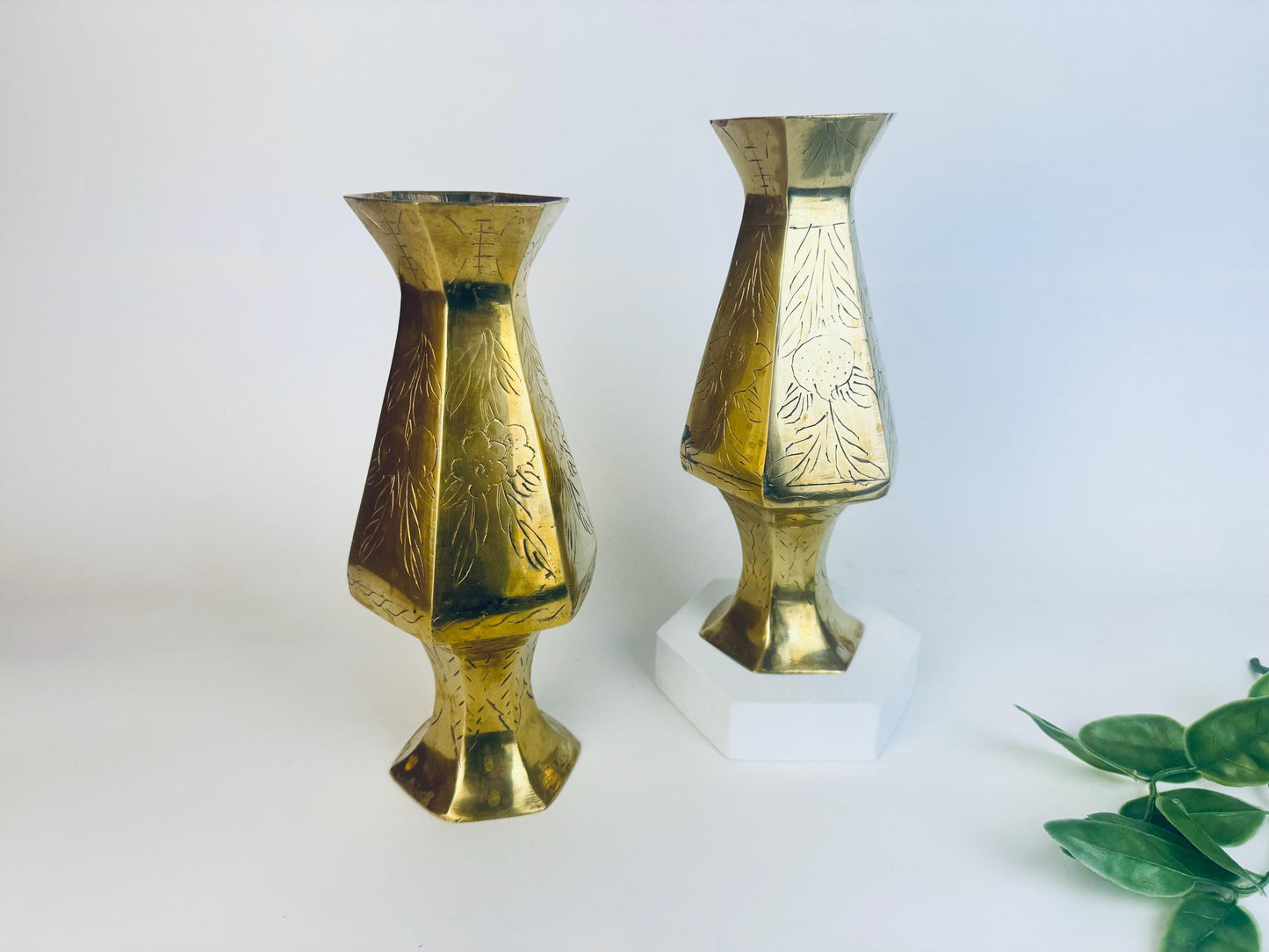 Vintage Tall Etched Brass Vases - Set Of Two (2) - Made In China