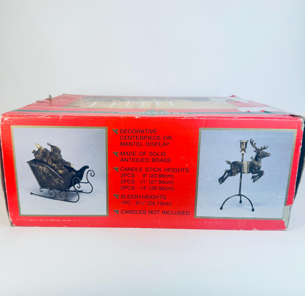 Vintage 1990s Solid Brass Reindeer & Sleigh Candleholder Set  Antiqued Gold Holiday Mantel or Table Centrepiece Display