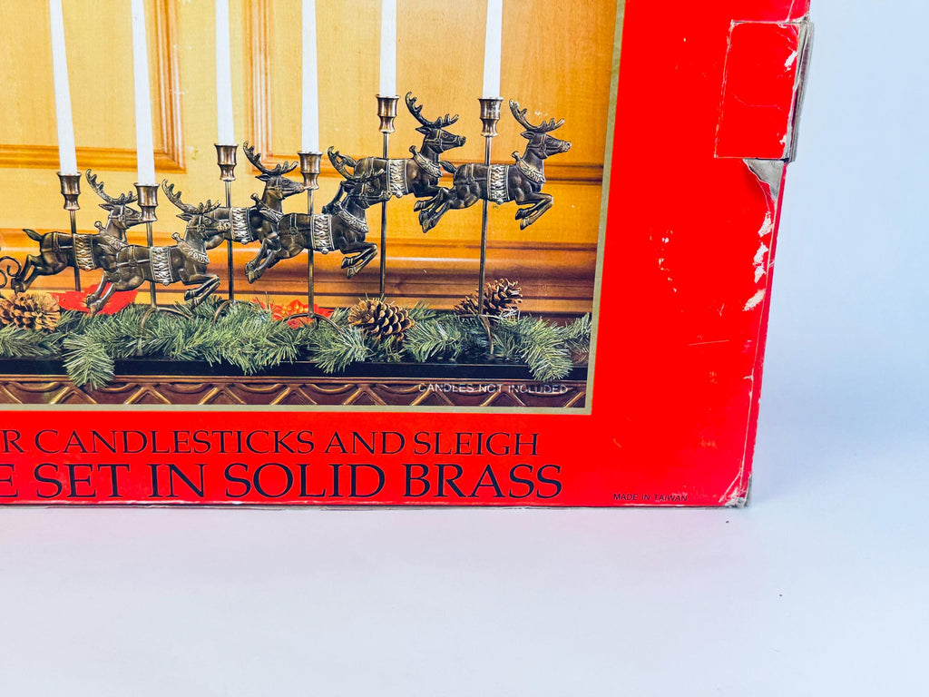 Vintage 1990s Solid Brass Reindeer & Sleigh Candleholder Set  Antiqued Gold Holiday Mantel or Table Centrepiece Display