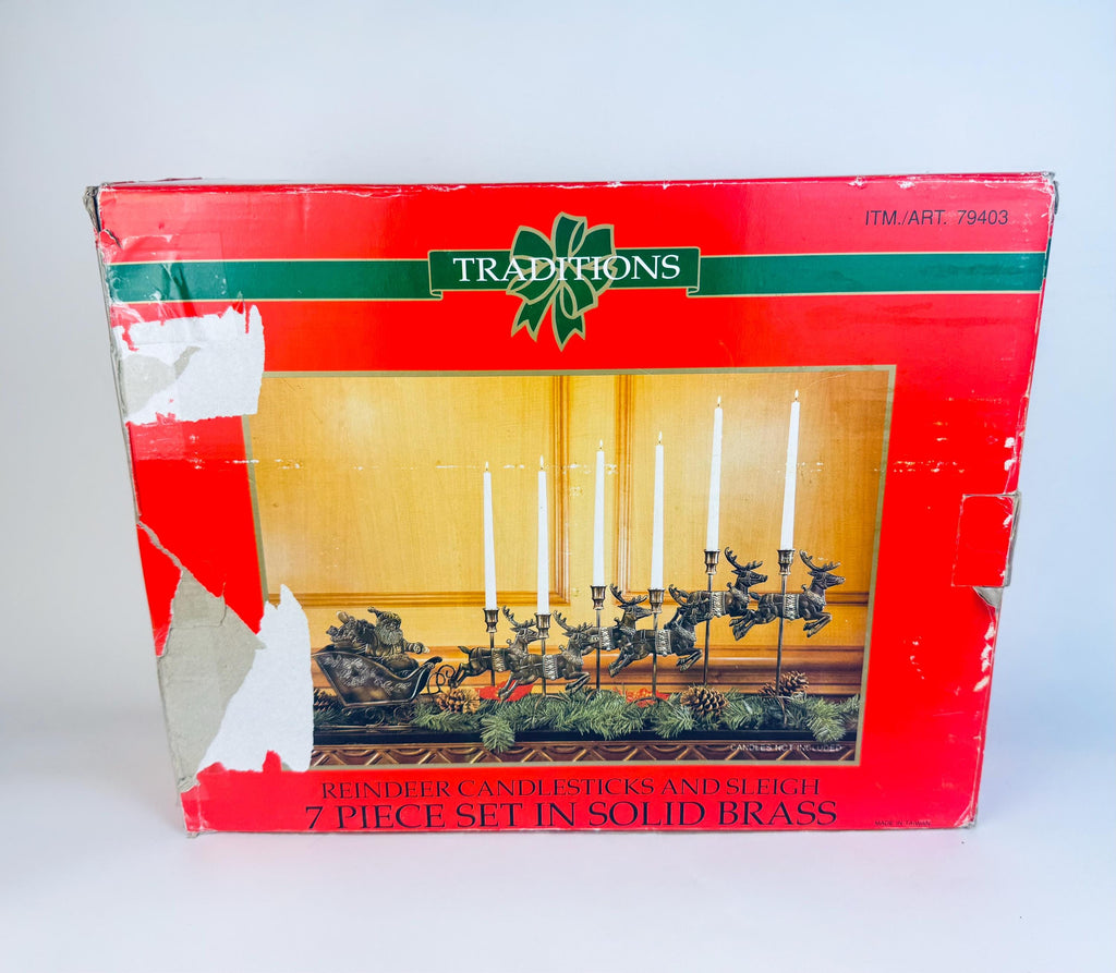 Vintage 1990s Solid Brass Reindeer & Sleigh Candleholder Set  Antiqued Gold Holiday Mantel or Table Centrepiece Display