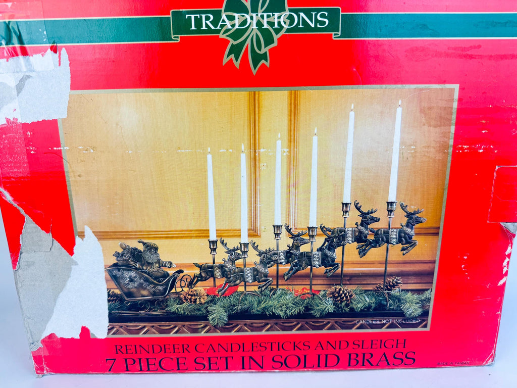 Vintage 1990s Solid Brass Reindeer & Sleigh Candleholder Set  Antiqued Gold Holiday Mantel or Table Centrepiece Display